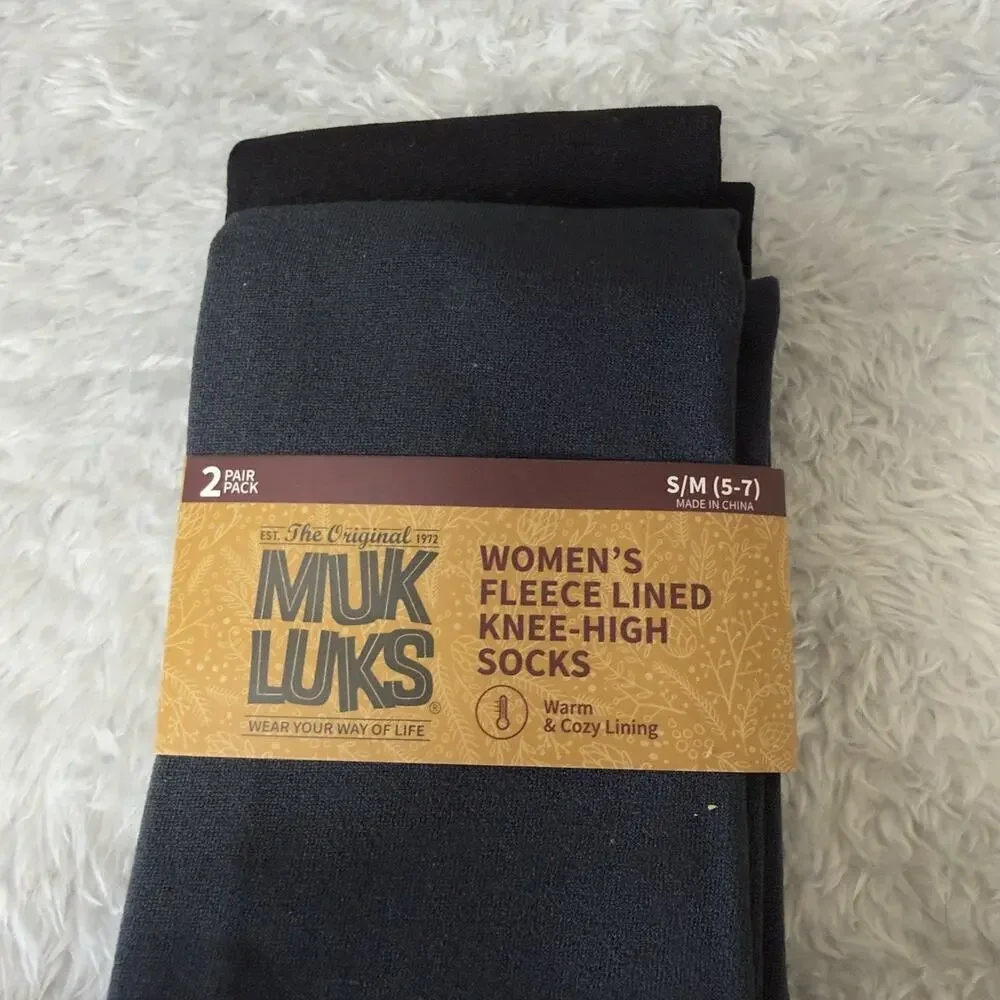 Muk Luks Women's 2-Pack Fleece Lined Knee High Socks Small/Medium Black Gray
